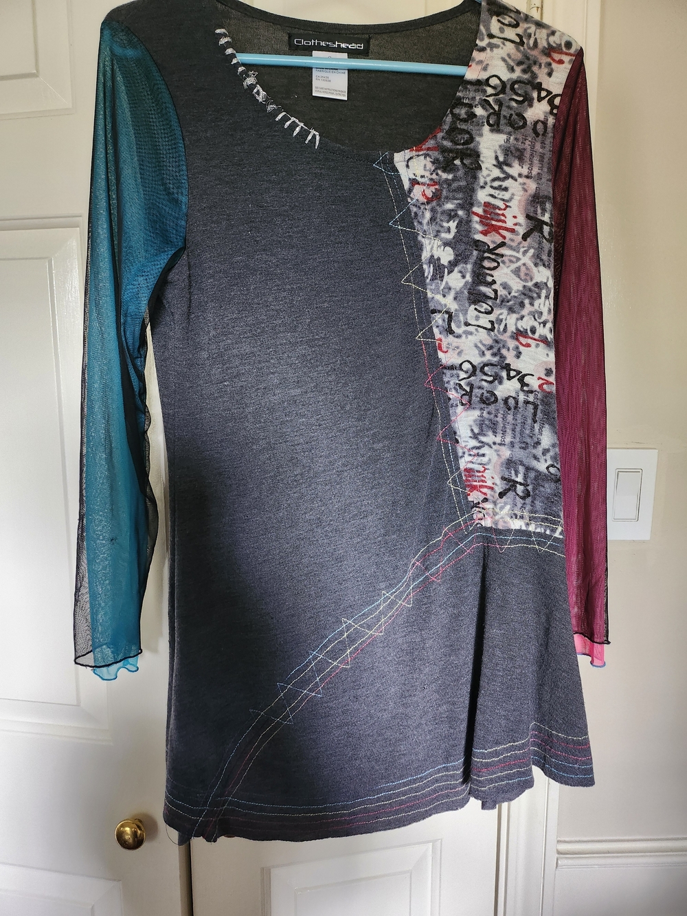 Dark Gray Tunic Dress with Teal and Burgundy Sleeves